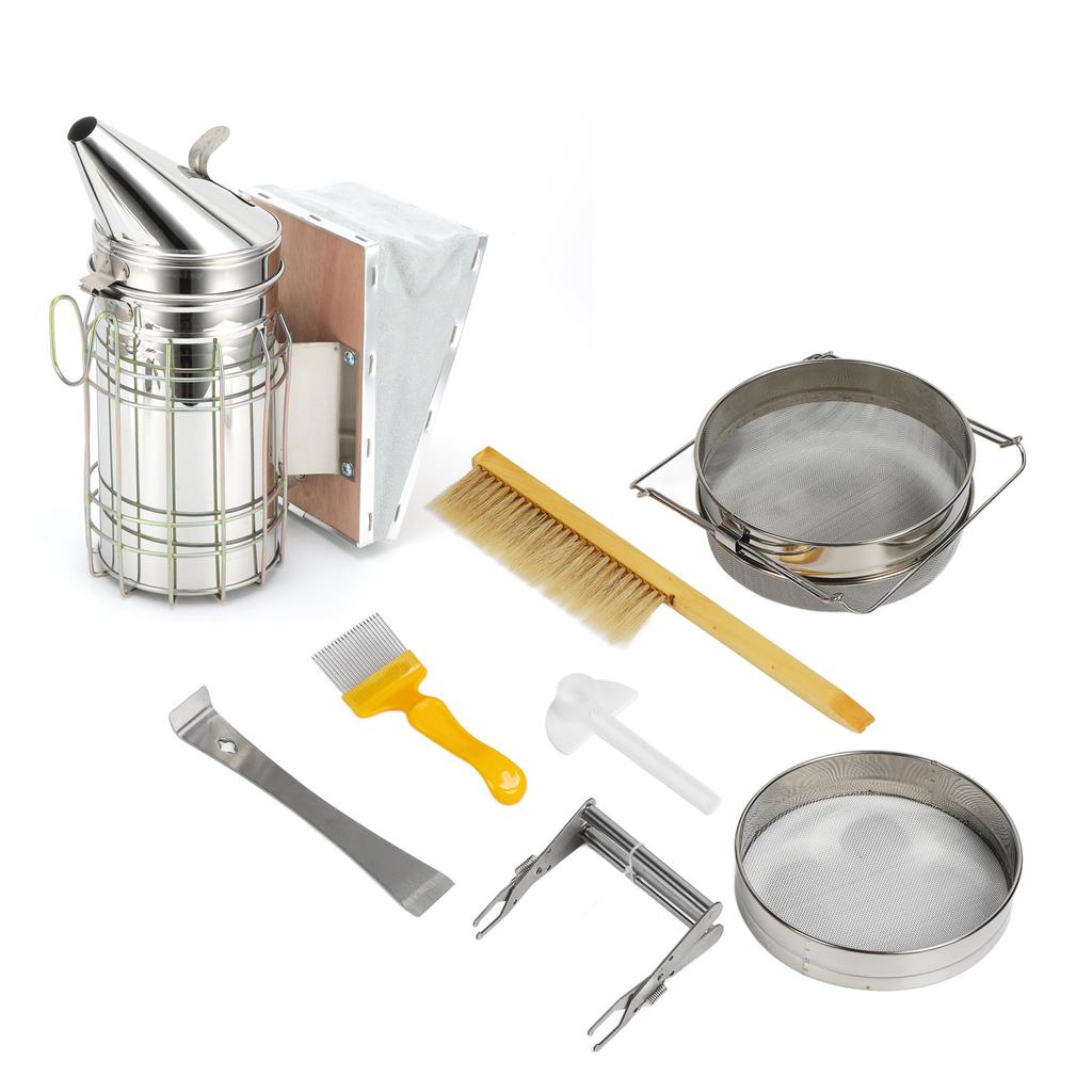 Beekeeping Starter Set Bee Brush Scraper Frame Clip Beehive Smoker Double Mesh Screen Water Feeder