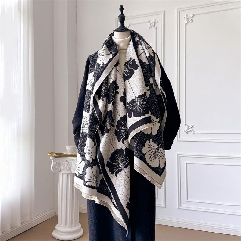 Luxury Winter Cashmere Scarf Women Floral Print Shawl Wrap Soft Pareo Elegant Poncho Femal Thick Warm Blanket Echarpe Pashmina
