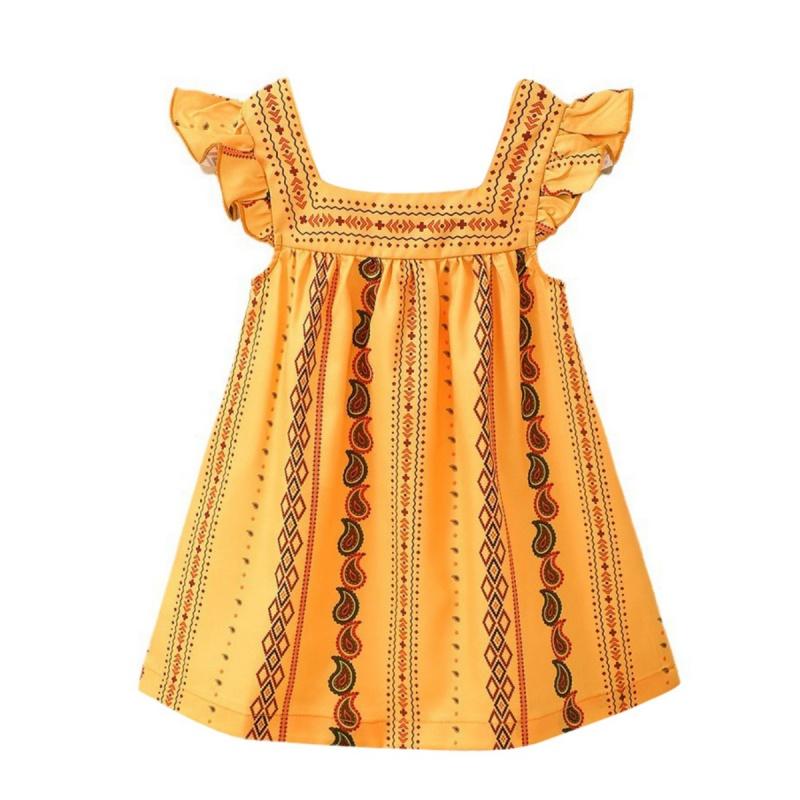 

Girl s Printed Dress Square Collar Little Fly Sleeve Kids Dress 9-12M