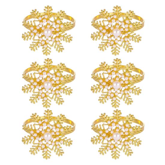 1/2/6Pcs Golden Metal Napkin Ring Faux Pearl Decor Snowflake Design Winter-themed Napkin Holders Weddings Parties Table Decor