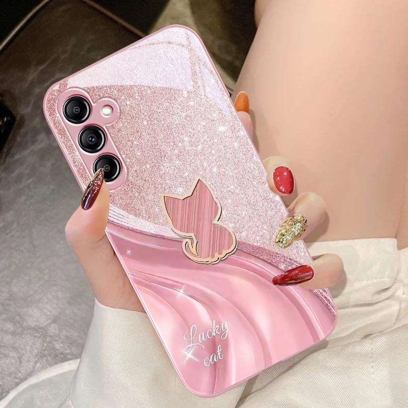 Sparkling Diamond Cat For Samsung Galaxy A14 4G 20 30 52 20S 21S 22 A32 33 34 42 50 51 53 54 70 71 72 73 5G Glass Phone Case