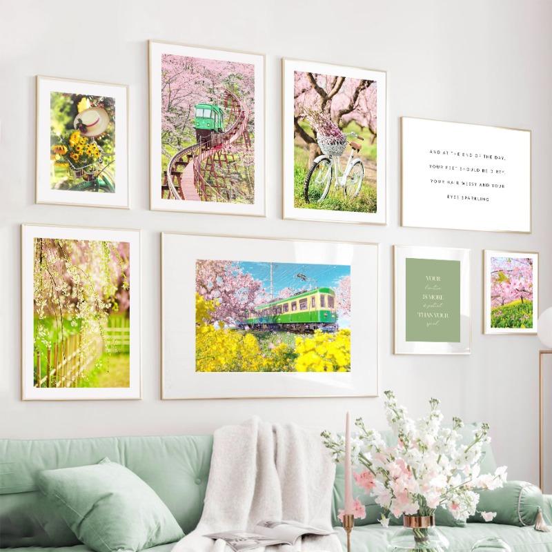 

Поезд Сакуры Велосипед Маргаритки Цветы Весенний Пейзаж Постеры Принты Настенное Искусство Холст Живопись Картины Для Гостиной Домашний Декор 21cm×30cm NoFrame