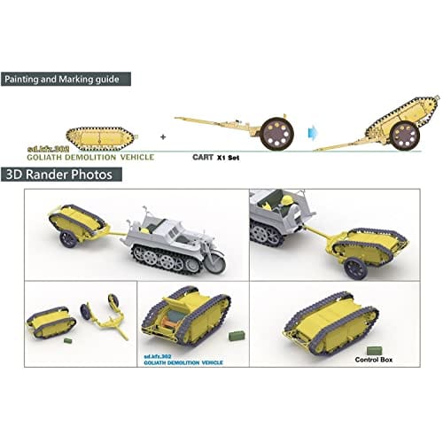 Freedom Model Kit 1/16 German Sd.Kfz.302 Goliath Light Explosive Transport Vehicle and Cart Set with German Soldier Observation Figure, 1944, Plastic