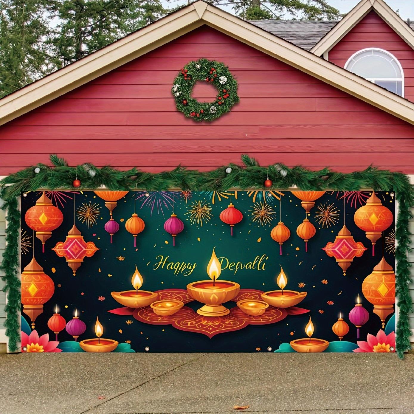 One Diwali garage door banner polyester festival wall decoration with lantern and firework designs outdoor festival decoration 130x150cm