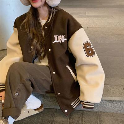 Autumn Winter Women's Casual Fashion Color Matching Baseball Suit Embroidery Vintage Cotton Jacket Female