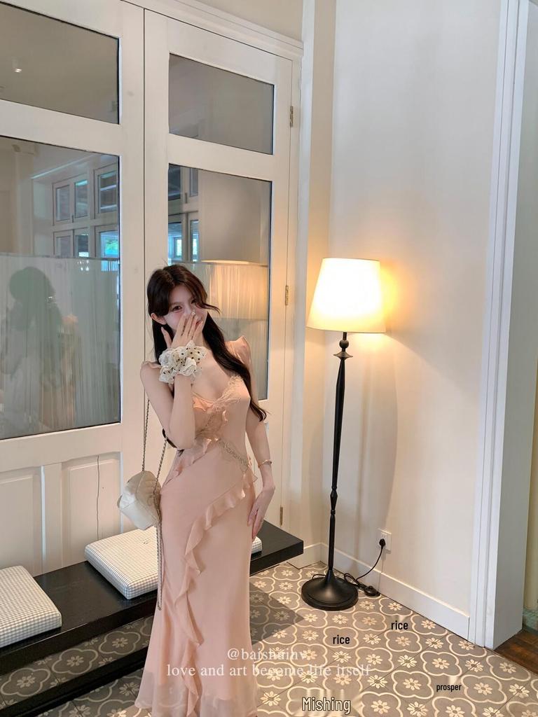 Women's Black Lace Patchwork Ruffle Dress - Cinched Waist & Fishtail Skirt