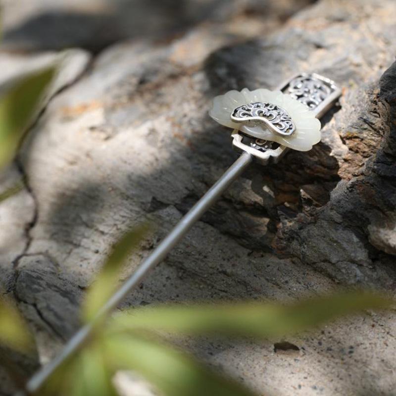 Inlaid Natural Hetian White Jade Hair Jewelry Classic Vintage Ethnic Style Auspicious Cloud Pattern Hanfu Accessory