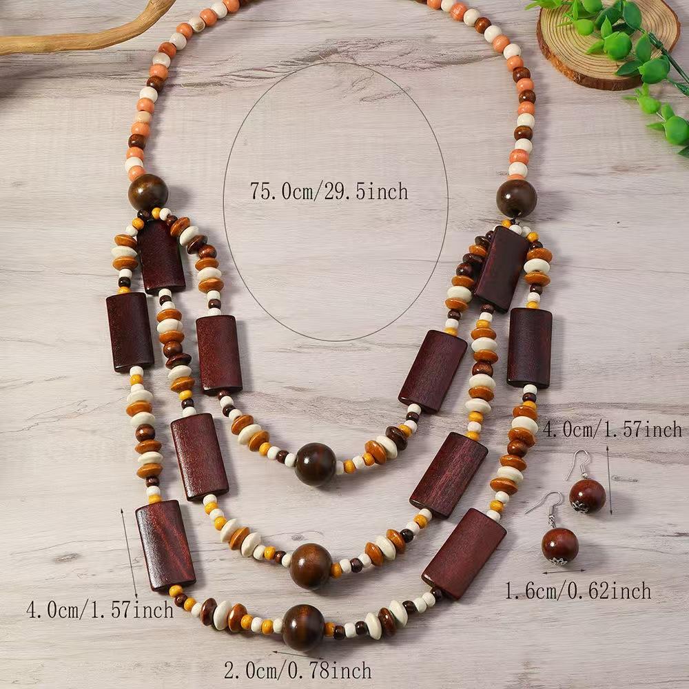 Ethnic Beaded Necklace Women Multi Layer Geometric Wooden Beads Boho Jewelry Premium Simple Versatile Fashion Accessories