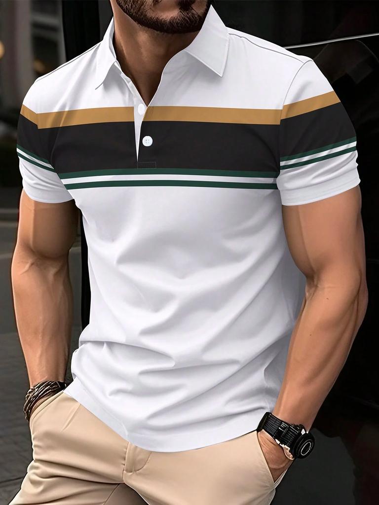 Men's Polo Shirt Button Collar Short Sleeve Pullover Summer Casual Sports Solid Color Striped Lapel Trend Men's T Shirt Tops