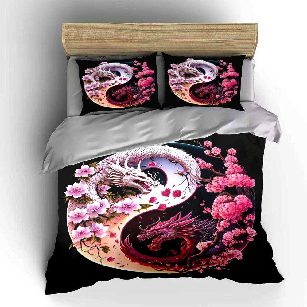 "Dragon Cherry Blossom Decor Set" Soft Skin-Friendly Bedding Set Includes 1 Duvet Cover And 2 Pillowcase, Gift