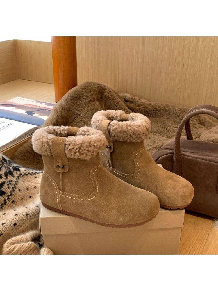 Boken boots women's 2026 winter round toe retro furry short boots flat cotton shoes warm furry snow boots