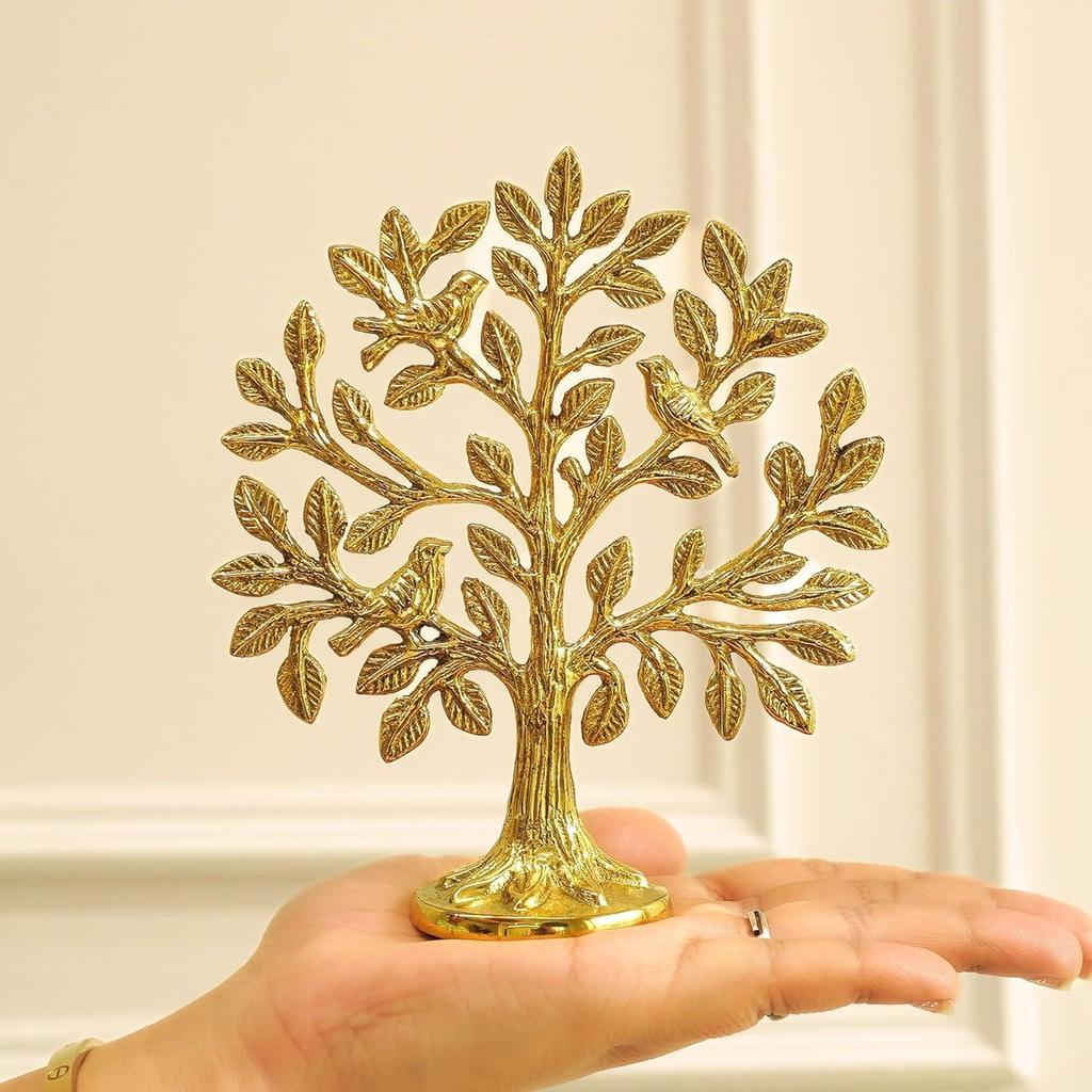 100% Pure Brass Kalpvriksh Tree with Birds | Kalpavriksha Tree of Life Showpiece for Table Decor (5.9 Inch) | Home & Puja Temple