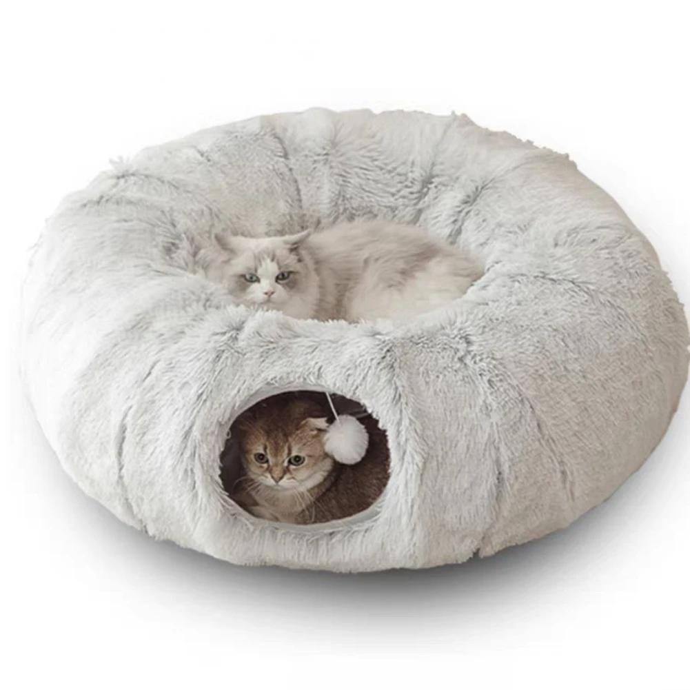 2 In 1 Round Cat Beds House Funny Cat Tunnel Toy Soft Long Plush Dog Bed Kittens Bed Mat Kennel Deep Sleep Winter Pets Cat Nest