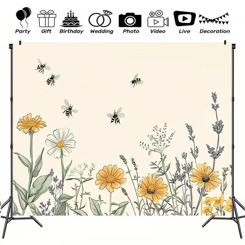 

2D Flat Bee Backdrop Cute Wildflower Watercolor Photo Background 47.2x31.5inch/120*80cm