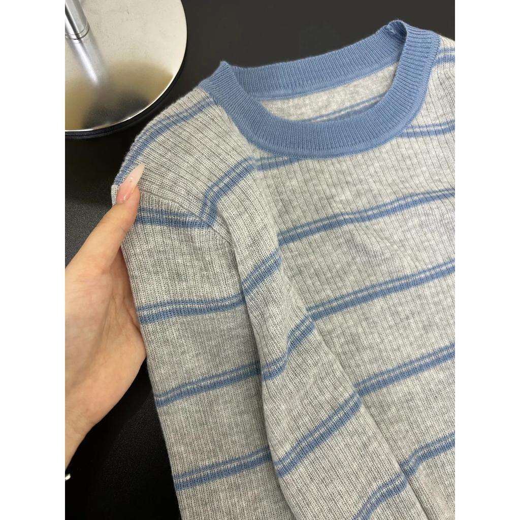 Autumn and winter sweater women's contrasting striped knitted top soft waxy casual versatile front shoulder warm inner long-sleeved bottoming shirt