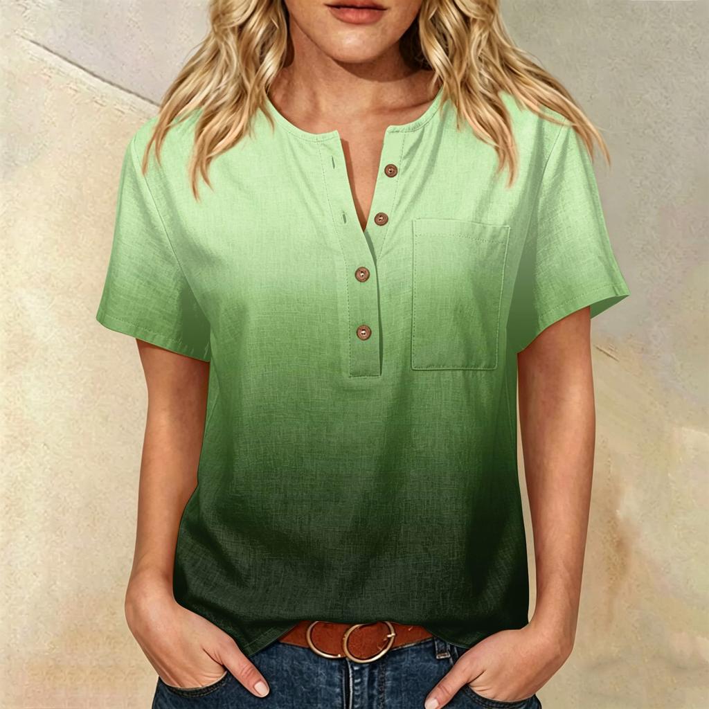 Women’s Fashion Printed Henley Button Neck Short Sleeve Cotton Linen Shirt with Chest Pocket Gradient Design Loose Fit Top