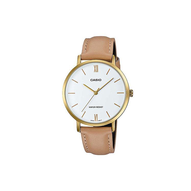Casio Standard Series Minimalist Business Leather Fashion Quartz Movement Leather Strap Watch Women watches White LTP-VT01GL-7B Brown Strap