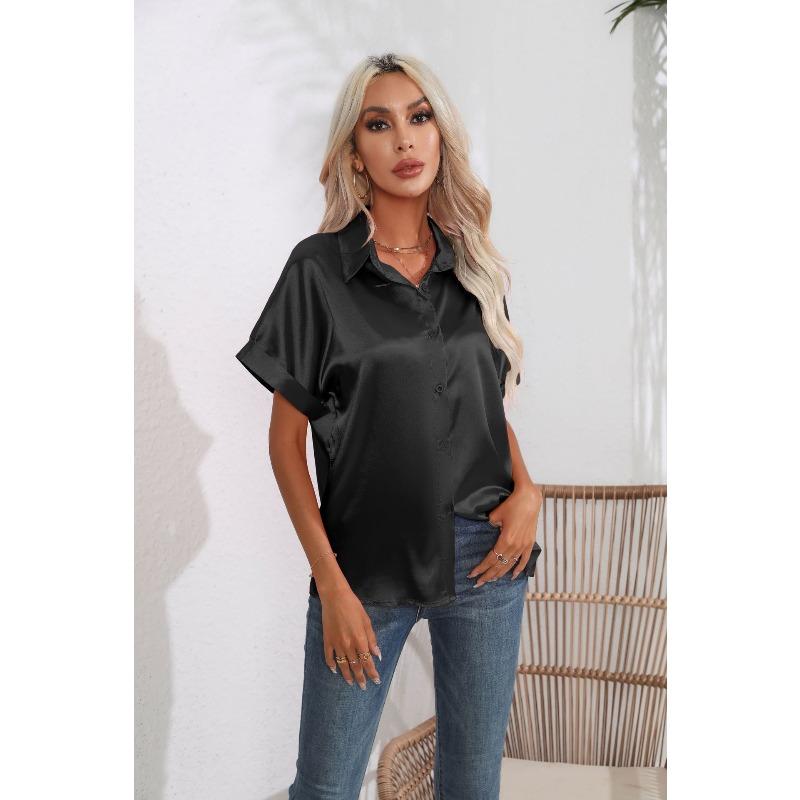 JPNTKY Women's Fashion Casual Solid Color Print POLO Neck Long Sleeve Blouses & Shirts