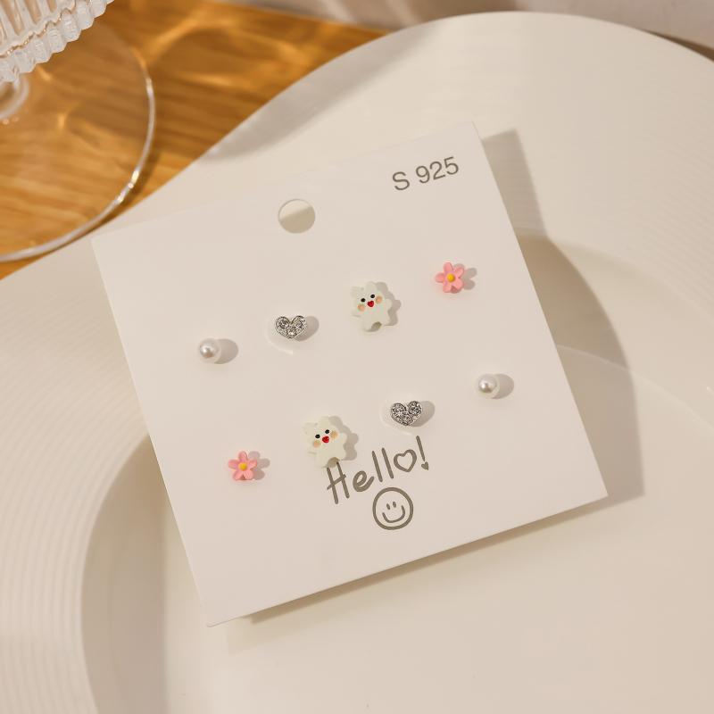 1Set Simple And Compact Silver Needle Earring Set Love Geometric Earring Combination Cute Sweet And Versatile Earrings