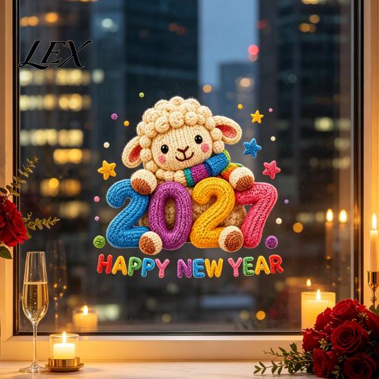 Knitted Texture Glass Stickers Chinese New Year Window Stickers, 2027 Goat Static Clings, Reusable Zodiac Ornaments Crochet Knit Lamb Decor