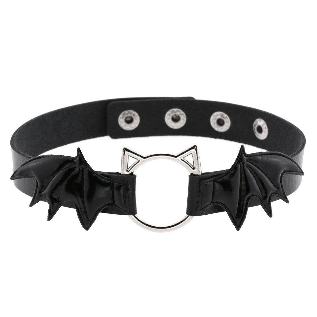 Cat Head Bat Wings Leather Punk Choker Necklace with Snap Button Clasp