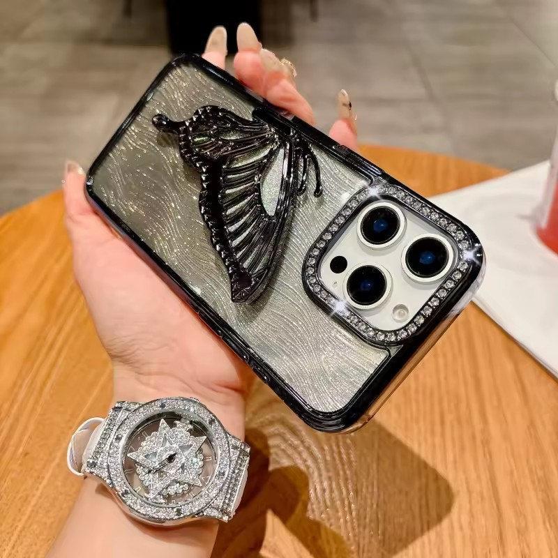 Luxury Bling Butterfly Bracket Transparent Case For iPhone 16 Plus 15 14 13 12 Pro Max 11 Plating Shiny Gradient Diamond Cover