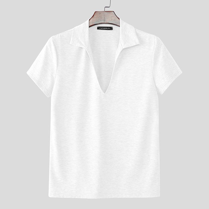 

INCERUN Летние мужские футболки с V-образным вырезом, с коротким рукавом, однотонные, повседневные, приталенные 3XL