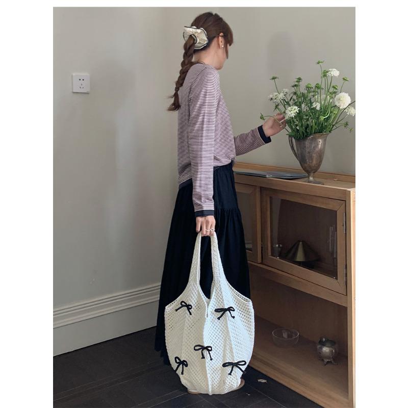 Retro Polyester Knit Tote Bag for Women Bow Woven Shoulder Handbag KTB