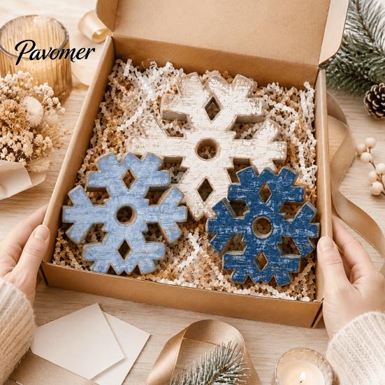 Winter Farmhouse Shelf Ornaments 3 Pcs Snowflake Wooden Signs, Rustic Table Decoration, Hollowed Out Crafts Block Sign for Christmas Tiered