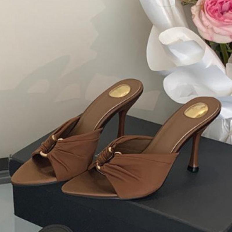 Fashion Pointed Silk Slippers Metal Buckle Hollow Out High Heels 2025 Summer Fashion Open Toed Women Mules Shoes Claquette Femme