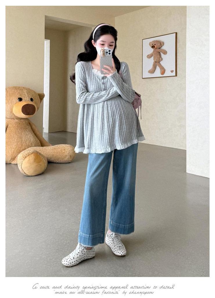2026 Spring/Autumn Korean Style Maternity Sequin Knit Top: Belly Covering, Slimming, Elastic Fit