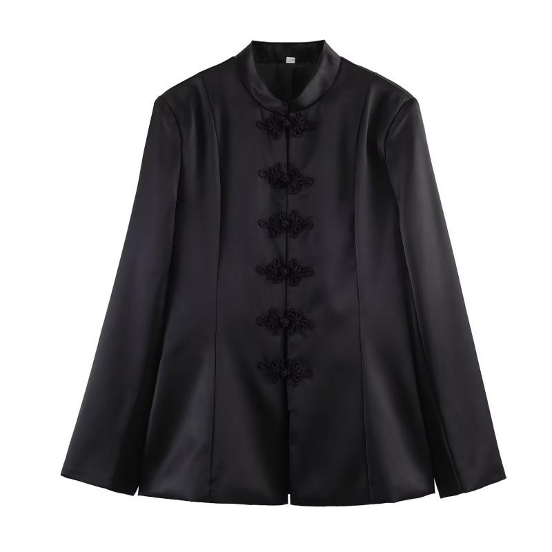 

2026 Spring European & American Satin Jacket with Frog Button & Knot Waist Large чорний