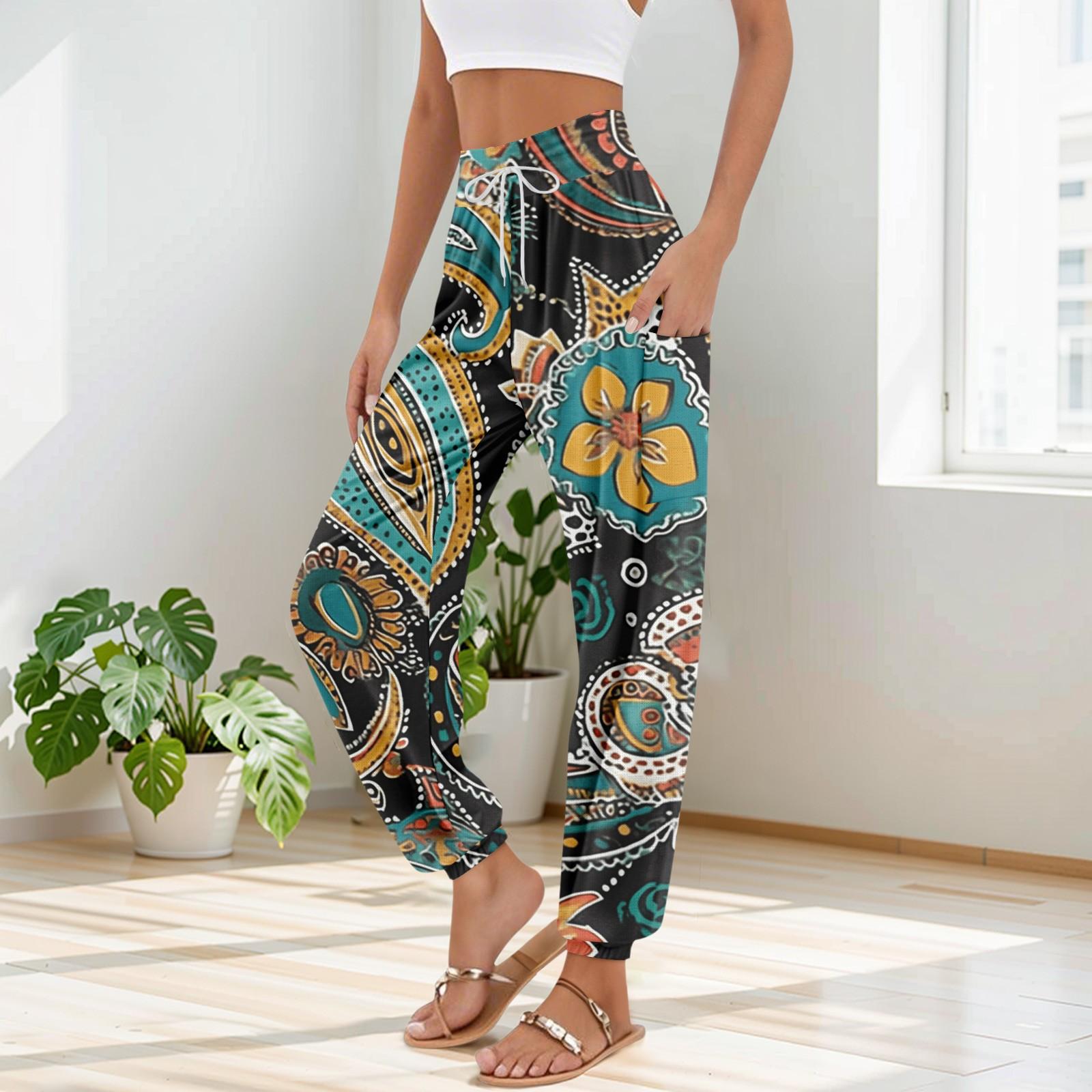 

Женские брюки с карманами и завязками на талии, повседневные брюки для йоги в стиле бохо с принтом L