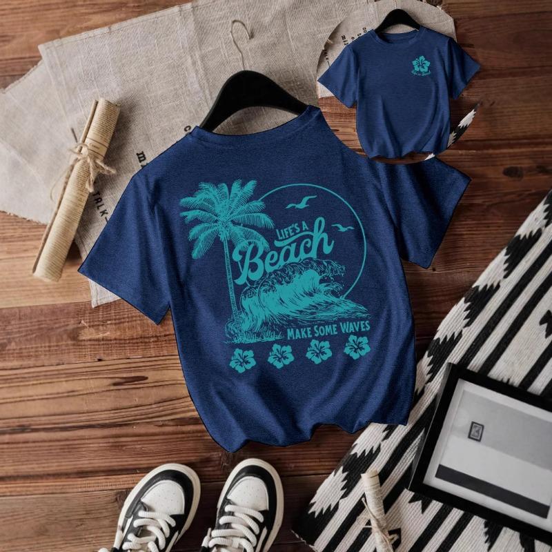 Modisches Rundhals-T-Shirt mit Strand- und Wellenprint und lockeren kurzen Ärmeln