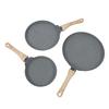 3PCS Frying Pan Set Grey 3 Sizes Multifunctional Maifan Stone Anti Stick with Wooden Handle Pancake 