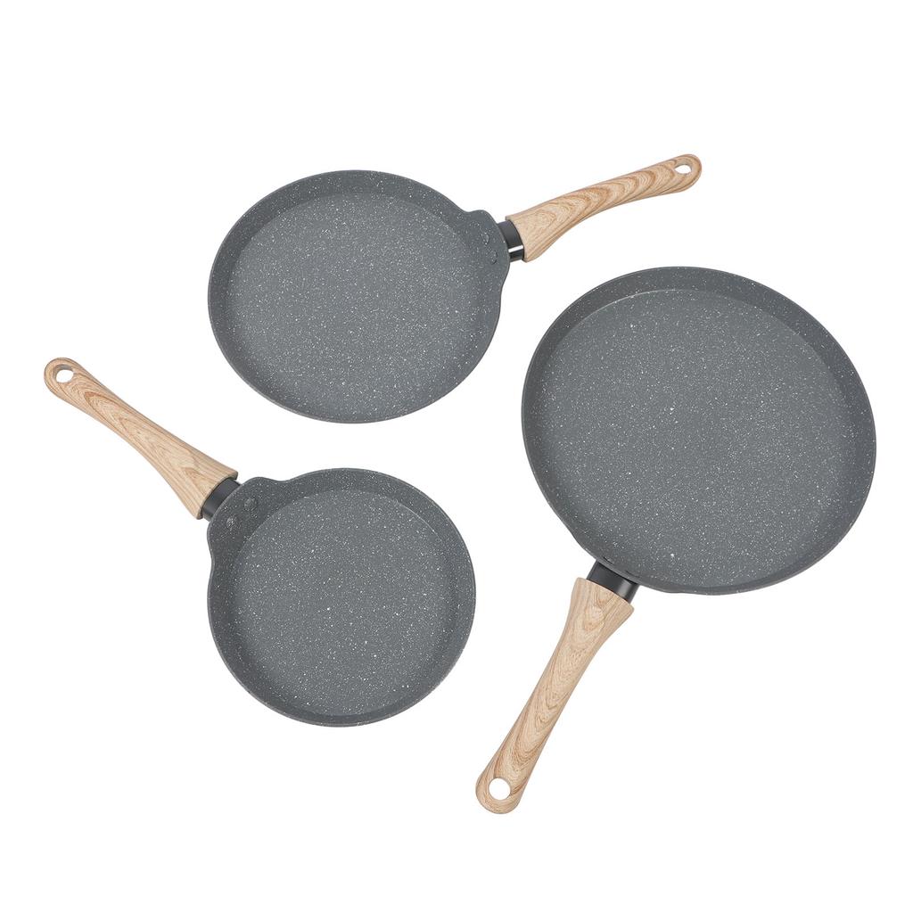 3PCS Frying Pan Set Grey 3 Sizes Multifunctional Maifan Stone Anti Stick with Wooden Handle Pancake 