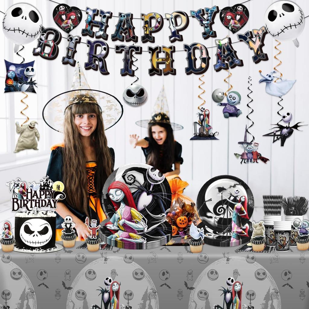 145pcs Movie Christmas Party Decorations Include Tableware Set Banner Hanging Balloon Tablecloth Cake Topper Cupcake Toppers, for Kids and Adults