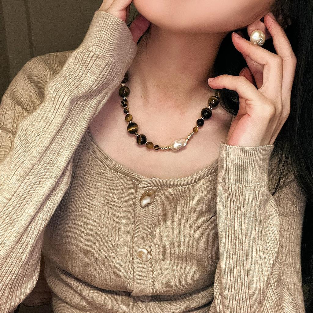 Natural Tiger'S Eye Stone Necklace Maillard Premium Sweater Chain Natural Baroque Pearl Vintage Beaded Coffee Lock