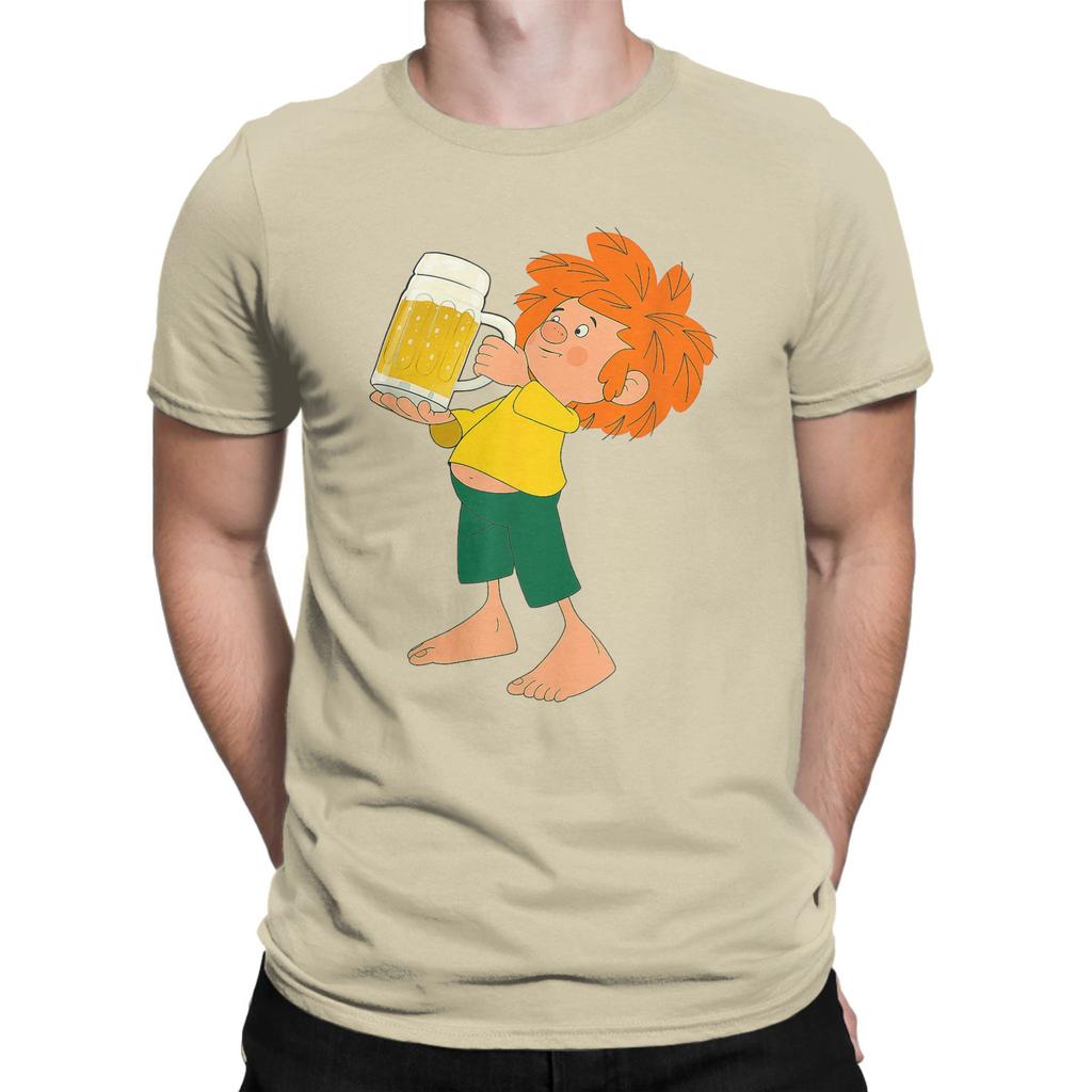 Men T-Shirt Pumuckl Drinks Beer Vintage Pure Cotton Tee Shirt Short Sleeve Anime Cartoon T Shirts Crew Neck Clothing Plus Size