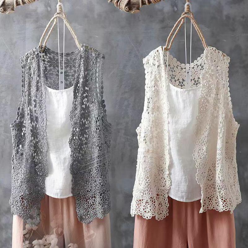 

Летний кружевной вязанный крючком полый хлопковый однотонный кардиган без рукавов, жилет для женщин