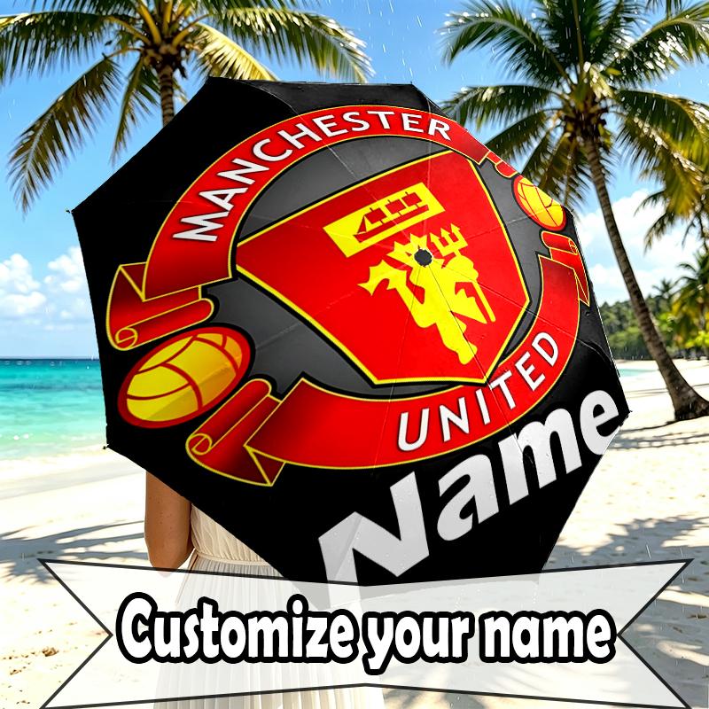 Custom Name Personalized Manchester Football F.C Print Umbrella, Auto Open Close, 8‑Rib Sturdy Frame, Commute Camping Hiking Use, Birthday Gift