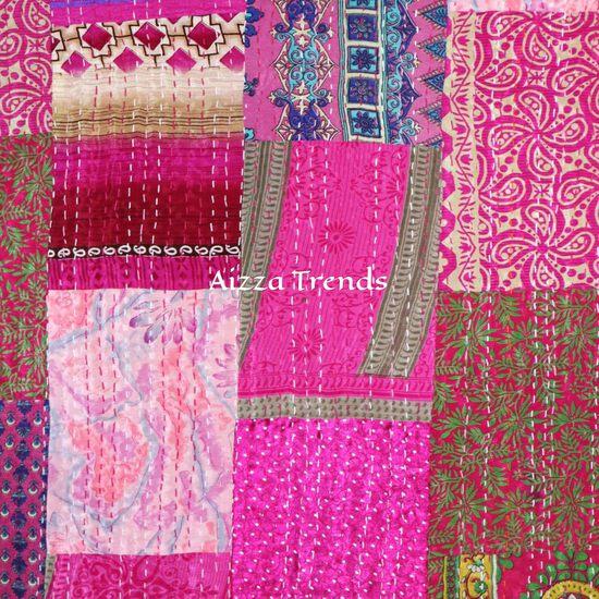 Aizza Trends Handmade Pure Cotton Patch and Patola Work Kantha Quilt - Traditional Indian Throw Blanket-Vintage Cotton Silk Saree Quilt