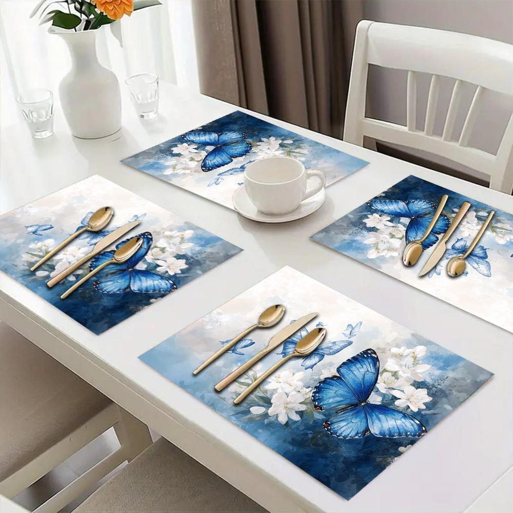 4pcs Blue Butterfly Floral Placemats 12x18 Inch - Elegant White & Blue Table Mats with Intricate Butterfly Design, Durable Polyester Fabric