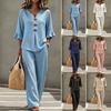Set due pezzi da donna per il commercio estero transfrontaliero europeo e americano, nuovo, casual, con bottoni, scollo a V, bordo arricciato, manica a tre quarti, top e pantaloni