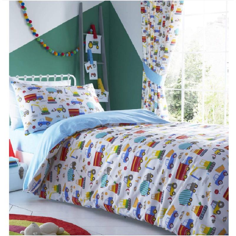 Car Trucks Diggers Cartoon Pattern 3d Digital Printed Bed Set With Polyester Cotton For Kids Bedroom Decor