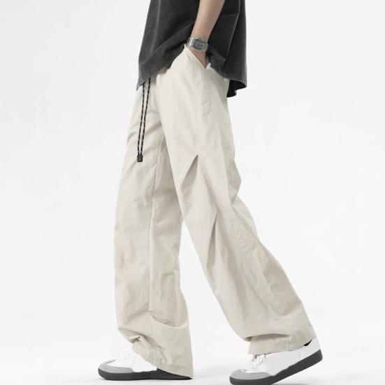 Men's Baggy Trousers Spring Summer Drawstring Waist Cargo Pants Solid Color Wide Leg Trousers for Street Travel Office