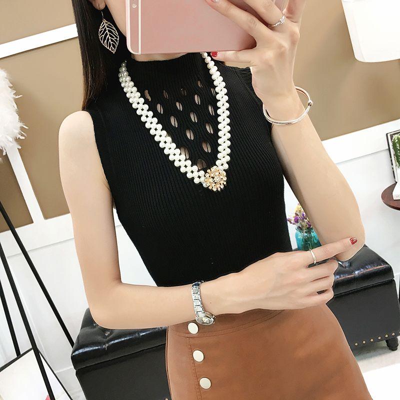 

Трикотажный жилет без рукавов с полувысоким воротом и открытой горловиной для женщин, универсальный для весны и лета, облегающий и утягивающий, модная базовая рубашка L чёрный