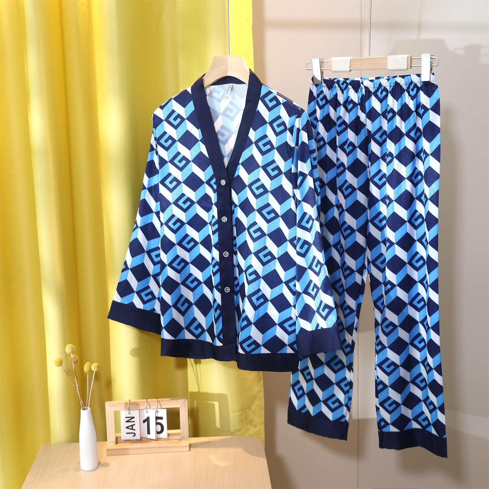 

Жіночий піжамний комплект Ice Silk з V-подібним вирізом - стиль весна/осінь XXL, V-neck синій