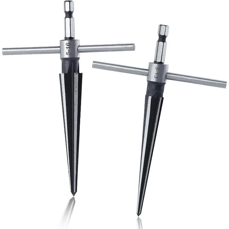 2PCS Tapered Reamer Set with T-Handle 6 Fluted Chamfer Reaming Handle Drilling Tools Woodworker Cutting Tools  3-13/5-16mm