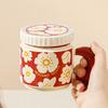 National Trend Small Flower Mug with Lid Gift Ceramic Cup Large Capacity Imitation Enamel Drinking Water Coffee Cup Office Women